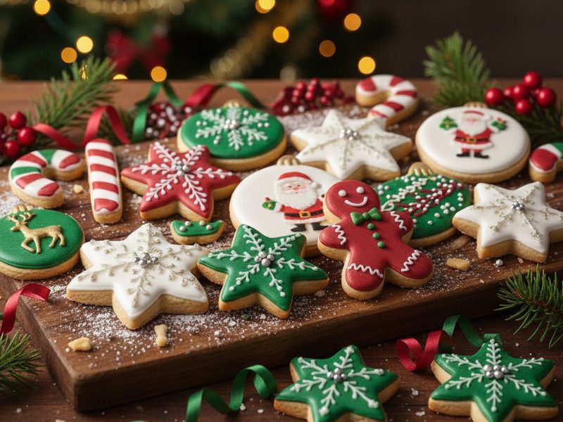 Bunt dekorierte Sugar Cookies in Weihnachtsformen wie Sternen, Tannenbäumen und Schneemännern.