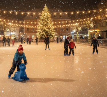 Kinder und Familien laufen abends auf einer beleuchteten winterlichen Eisbahn mit Lichterketten, während ein Kind mit einem blauen Eislauf-Seehund fährt.