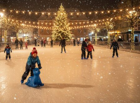 Kinder und Familien laufen abends auf einer beleuchteten winterlichen Eisbahn mit Lichterketten, während ein Kind mit einem blauen Eislauf-Seehund fährt.