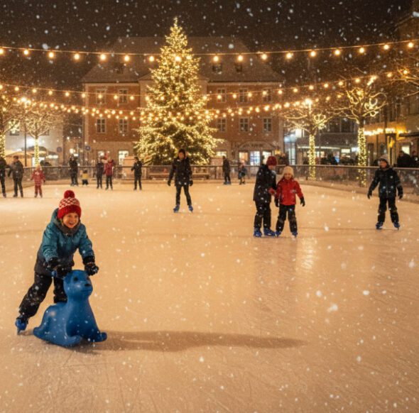 Kinder und Familien laufen abends auf einer beleuchteten winterlichen Eisbahn mit Lichterketten, während ein Kind mit einem blauen Eislauf-Seehund fährt.