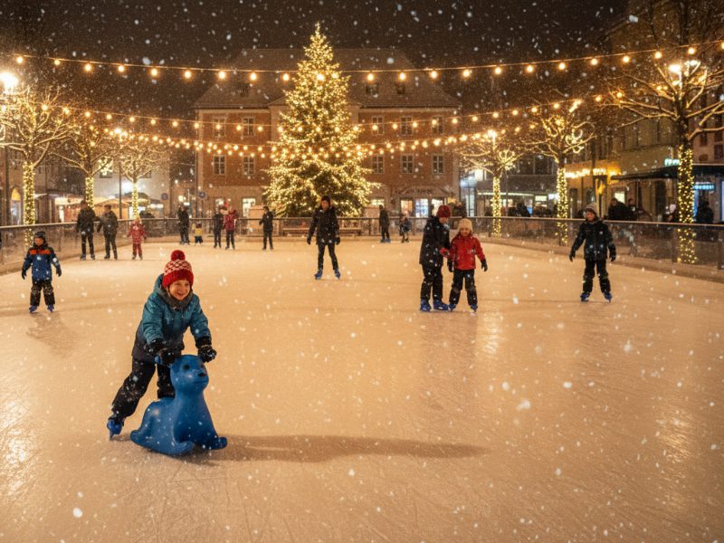 Kinder und Familien laufen abends auf einer beleuchteten winterlichen Eisbahn mit Lichterketten, während ein Kind mit einem blauen Eislauf-Seehund fährt.