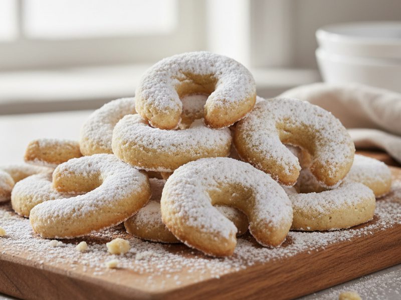 Frisch gebackene Vanillekipferl mit Puderzucker auf einem Holzbrett