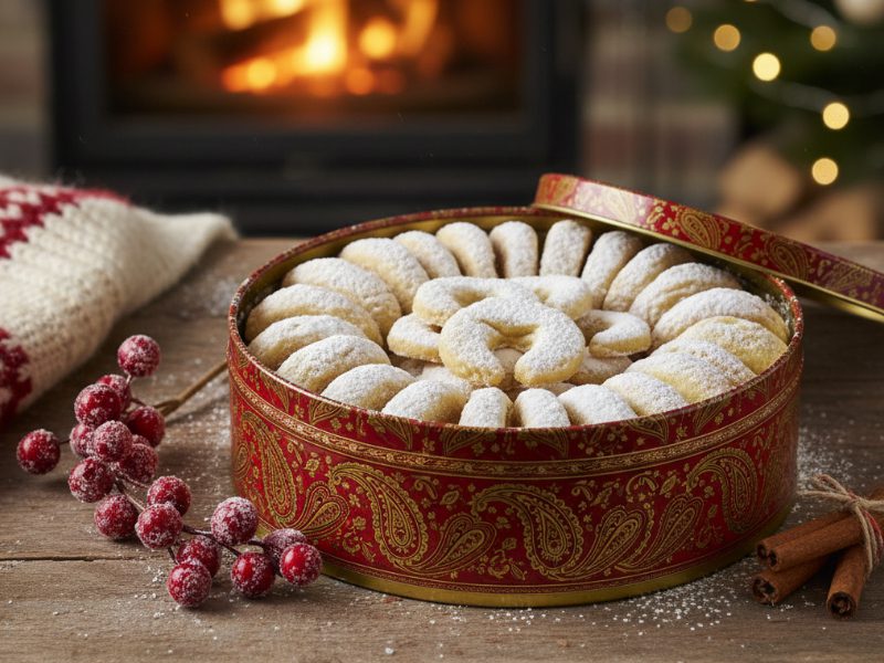 Vanillekipferl in dekorativer Keksdose als Weihnachtsgeschenk, frisch gebacken und mit Puderzucker bestäubt