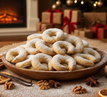 Vanillekipferl auf einem Teller, mit Puderzucker bestäubt, weihnachtlich angerichtet vor Kamin und Geschenken