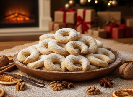 Vanillekipferl auf einem Teller, mit Puderzucker bestäubt, weihnachtlich angerichtet vor Kamin und Geschenken