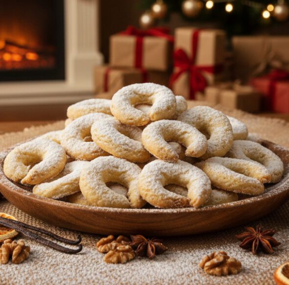 Vanillekipferl auf einem Teller, mit Puderzucker bestäubt, weihnachtlich angerichtet vor Kamin und Geschenken