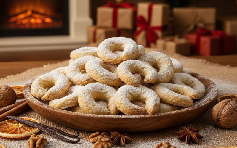 Vanillekipferl auf einem Teller, mit Puderzucker bestäubt, weihnachtlich angerichtet vor Kamin und Geschenken