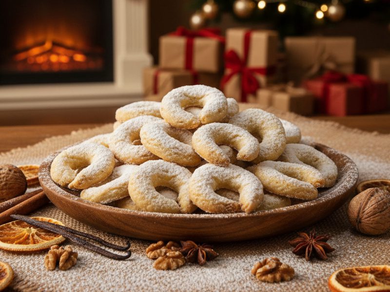 Vanillekipferl auf einem Teller, mit Puderzucker bestäubt, weihnachtlich angerichtet vor Kamin und Geschenken