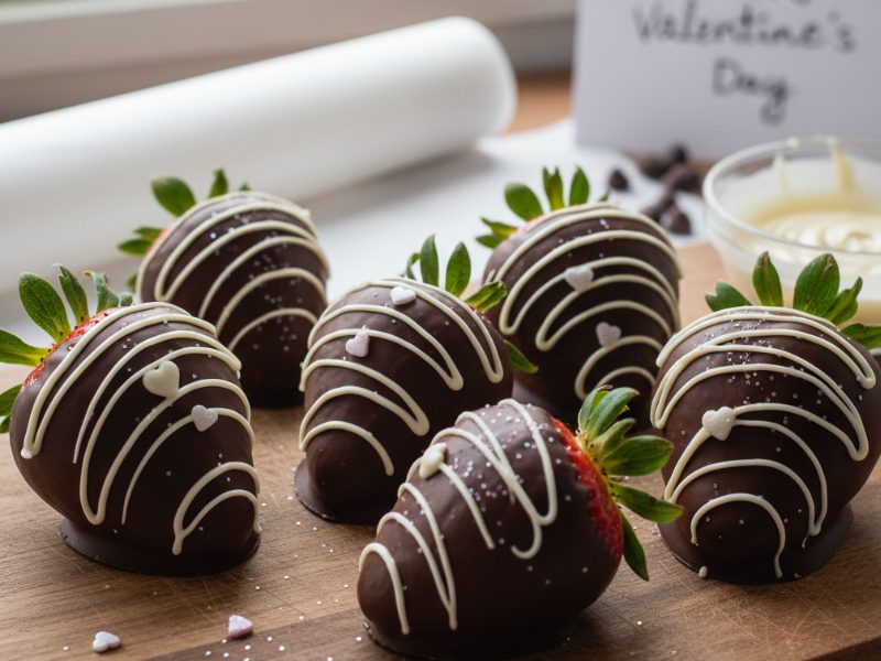 Schoko-Erdbeeren zum Valentinstag mit dunkler und weißer Schokolade verziert auf einem Holzbrett