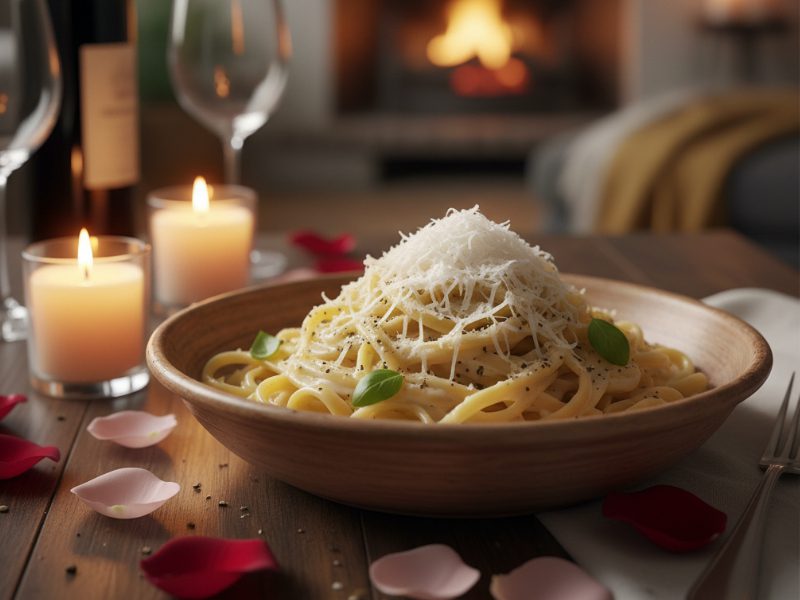 Cremige Pasta mit Parmesan und Kerzenlicht als romantisches Valentinstag Rezept für zwei
