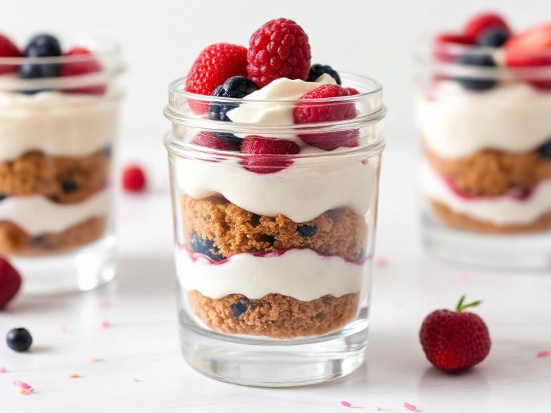 No-Bake Dessert im Glas mit Sahne, Kekskrümeln und frischen Beeren zum Valentinstag