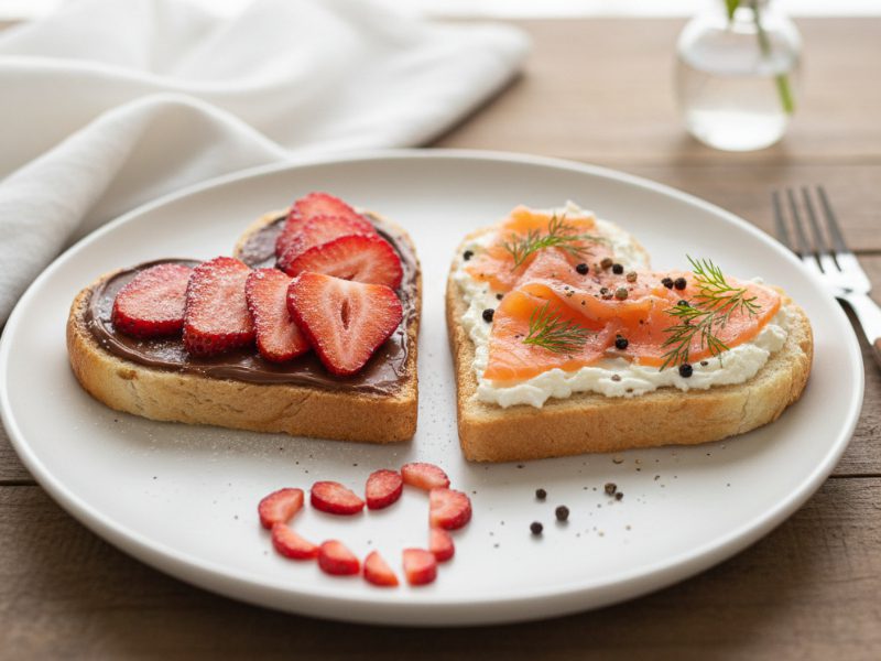 Herzförmige Toasts zum Valentinstag mit Erdbeeren und Schokolade sowie Frischkäse und Lachs auf einem Teller