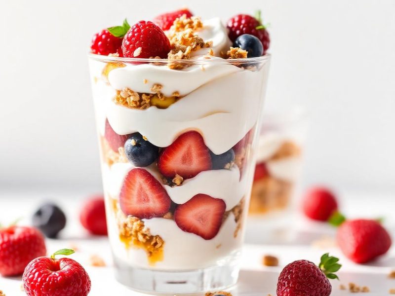 Joghurt Parfait zum Valentinstag mit griechischem Joghurt, Beeren und Granola im Glas
