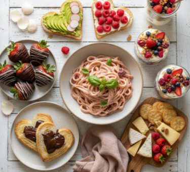 Schnelle Valentinstag Rezepte auf einem Tisch mit Schoko-Erdbeeren, Herz-Blätterteig, cremiger Pasta, Snack Board und Dessert im Glas