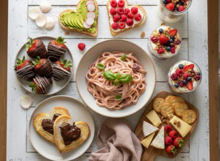 Schnelle Valentinstag Rezepte auf einem Tisch mit Schoko-Erdbeeren, Herz-Blätterteig, cremiger Pasta, Snack Board und Dessert im Glas