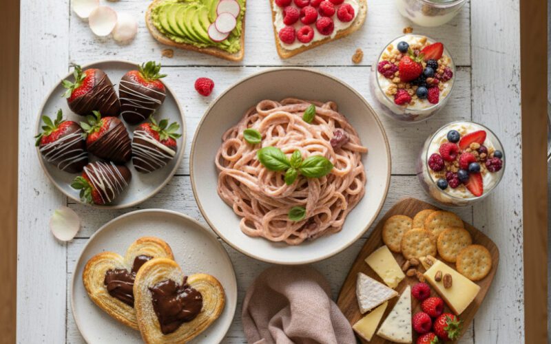 Schnelle Valentinstag Rezepte auf einem Tisch mit Schoko-Erdbeeren, Herz-Blätterteig, cremiger Pasta, Snack Board und Dessert im Glas