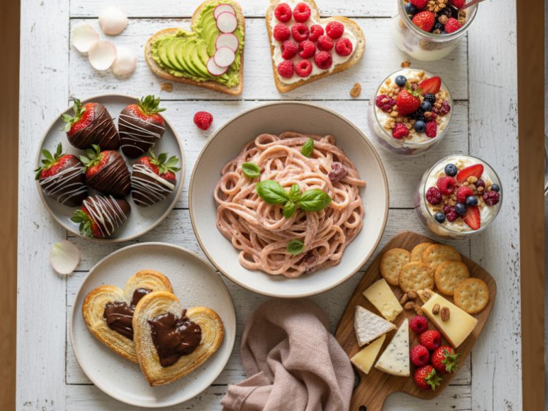 Schnelle Valentinstag Rezepte auf einem Tisch mit Schoko-Erdbeeren, Herz-Blätterteig, cremiger Pasta, Snack Board und Dessert im Glas